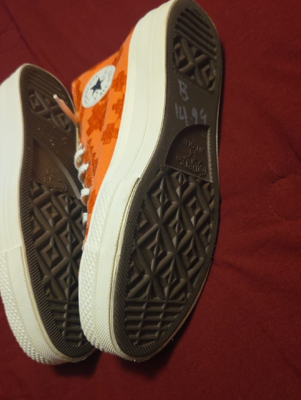 Converse High Top Sneakers - Orange & White Embroidered Design Women's Size 10 - Picture 6 of 6